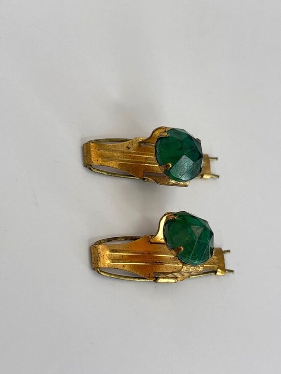 Vintage Rare 1930\'s Metal Gold Tone Metal Hair Barret Clips Pins Green Stone main image 5